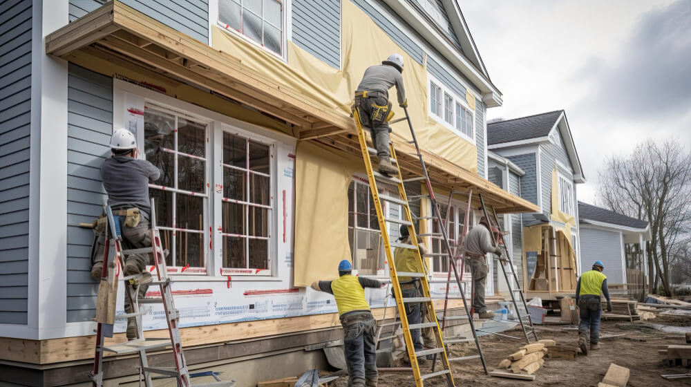 Builders Skillfully Installing Exterior Siding And Meticulously Placing Trim On A House